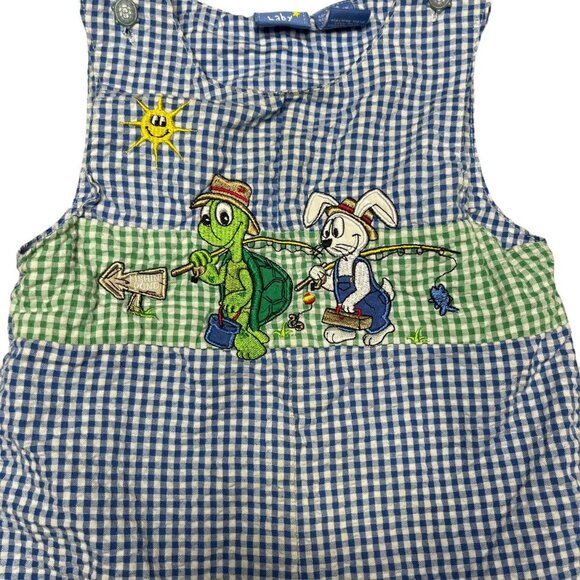 Baby Crew Jon Jon Romper Boys Blue Gingham Tortoise Hair Embroidered Size 18M - Picture 3 of 6